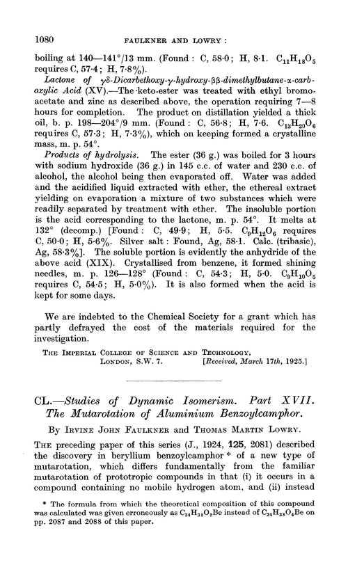 CL.—Studies of dynamic isomerism. Part XVII. The mutarotation of aluminium benzoylcamphor