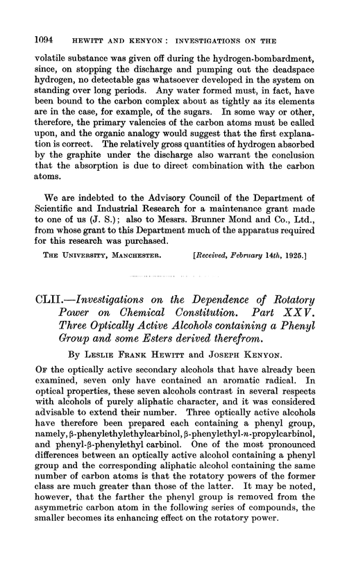 CLII.—Investigations on the dependence of rotatory power on chemical constitution. Part XXV. Three optically active alcohols containing a phenyl group and some esters derived therefrom