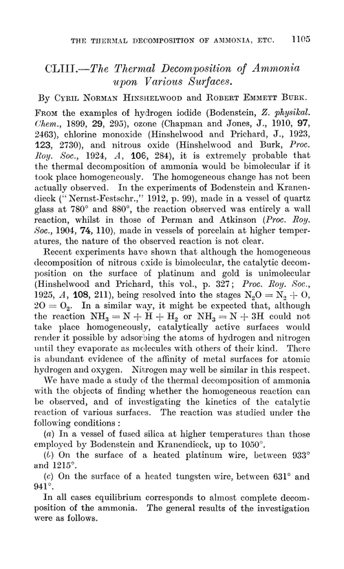 CLIII.—The thermal decomposition of ammonia upon various surfaces