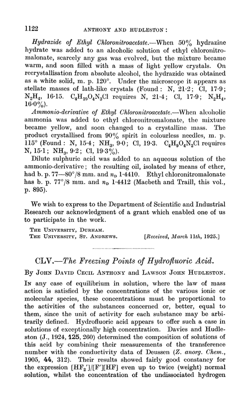 CLV.—The freezing points of hydrofluoric acid