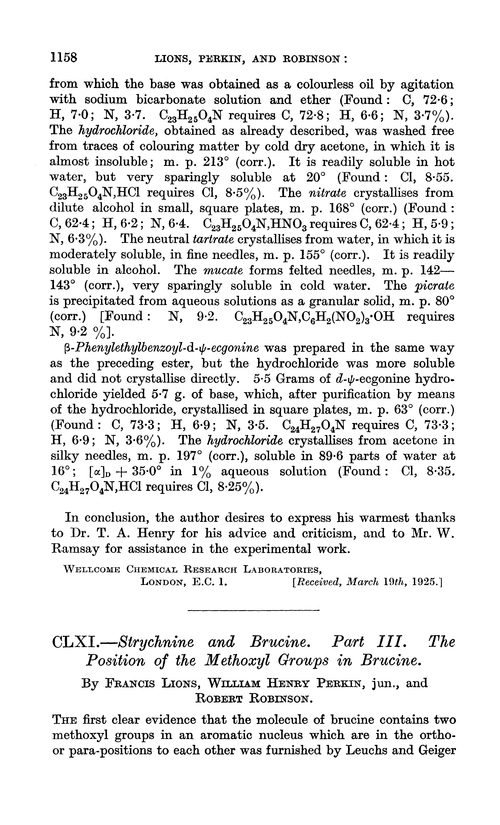 CLXI.—Strychnine and brucine. Part III. The position of the methoxyl groups in brucine