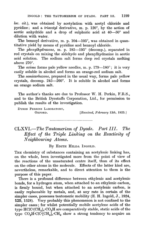 CLXVI.—The tautomerism of dyads. Part III. The effect of the triple linking on the reactivity of neighbouring atoms