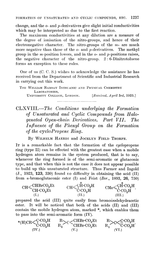 CLXVIII.—The conditions underlying the formation of unsaturated and cyclic compounds from halogenated open-chain derivatives. Part VII. The influence of the phenyl group on the formation of the cyclopropene ring