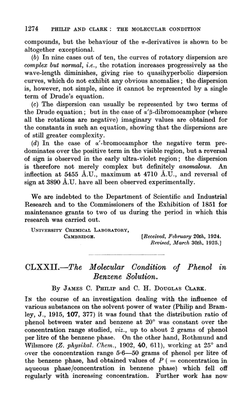 CLXXII.—The molecular condition of phenol in benzene solution