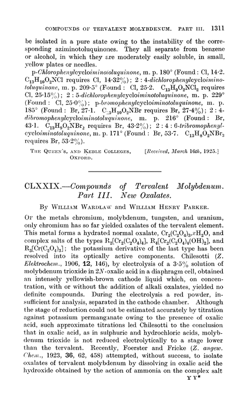 CLXXIX.—Compounds of tervalent molybdenum. Part III. New oxalates