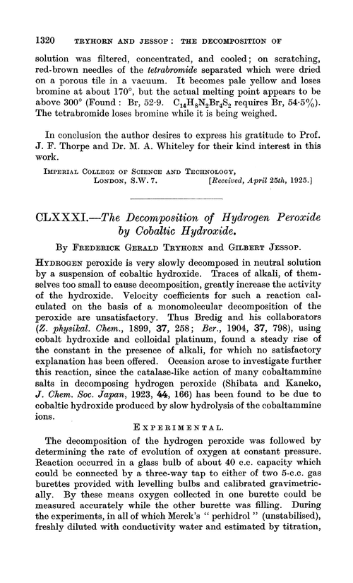 CLXXXI.—The decomposition of hydrogen peroxide by cobaltic hydroxide