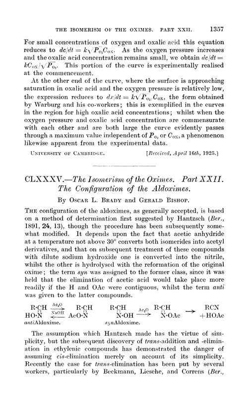 CLXXXV.—The isomerism of the oximes. Part XXII. The configuration of the aldoximes