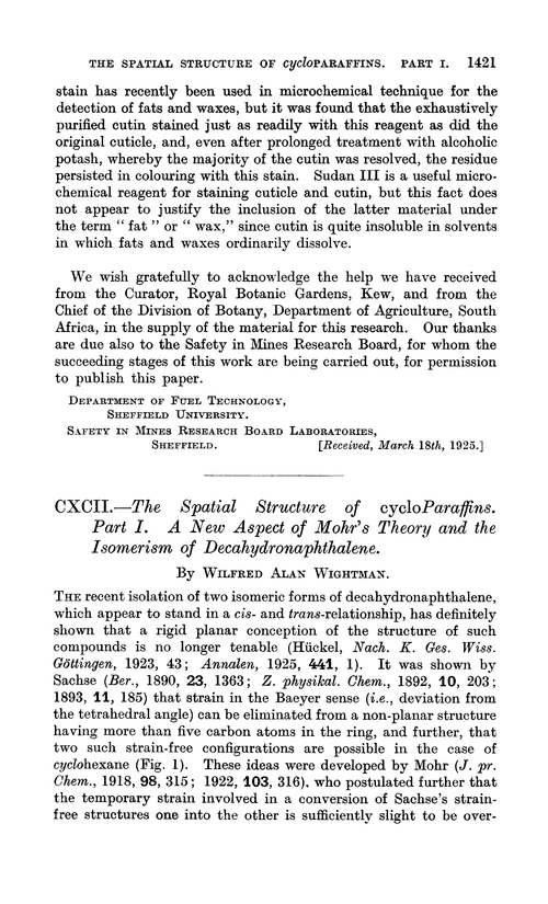 CXCII.—The spatial structure of cycloparafins. Part I. A new aspect of Mohr's theory and the isomerism of decahydronaphthalene