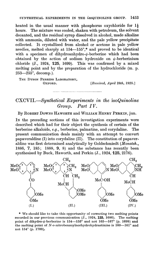 CXCVII.—Synthetical experiments in the isoquinoline group. Part IV