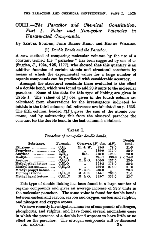 CCIII.—The parachor and chemical constitution. Part I. Polar and non-polar valencies in unsaturated compounds