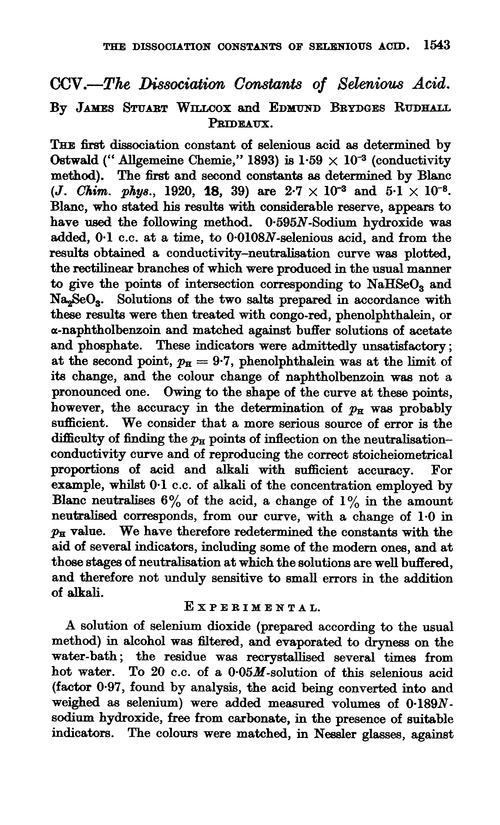 CCV.—The dissociation constants of selenious acid