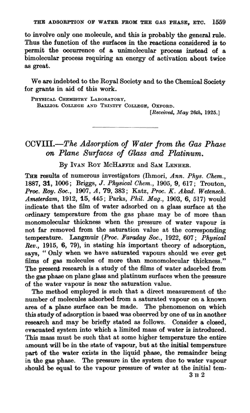 CCVIII.—The adsorption of water from the gas phase on plane surfaces of glass and platinum