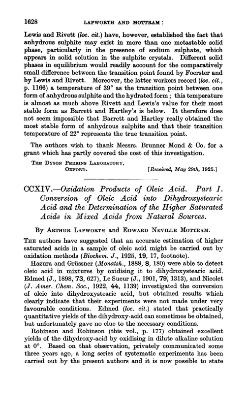 CCXIV.—Oxidation products of oleic acid. Part I. Conversion of oleic acid into dihydroxystearic acid and the determination of the higher saturated acids in mixed acids from natural sources
