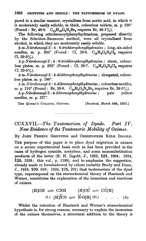CCXXVII.—The tautomerism of dyads. Part IV. New evidence of the tautomeric mobility of oximes