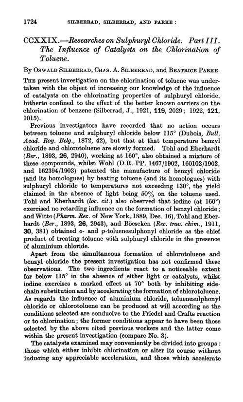 CCXXIX.—Researches on sulphuryl chloride. Part III. The influence of catalysts on the chlorination of toluene
