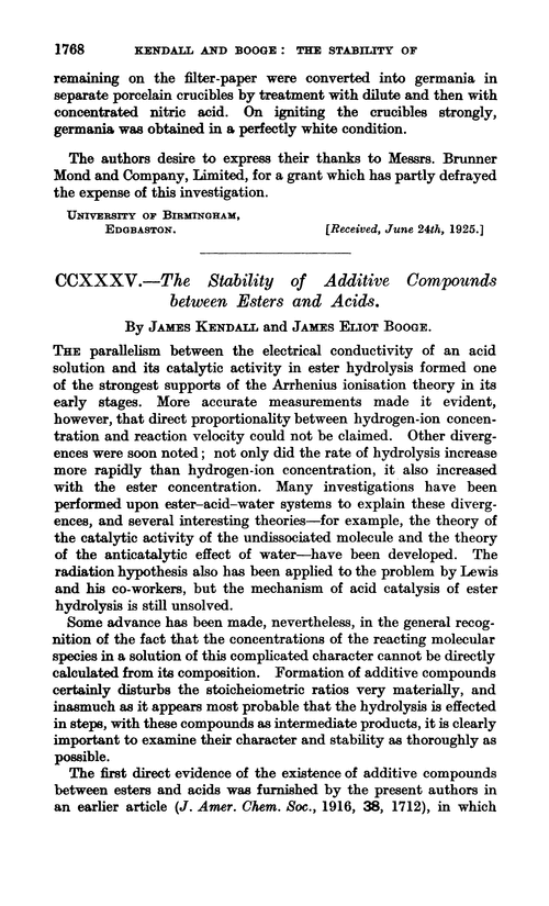 CCXXXV.—The stability of additive compounds between esters and acids