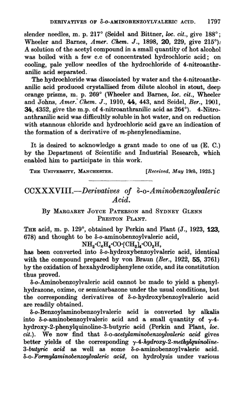 CCXXXVIII.—Derivatives of δ-o-aminobenzoylvaleric acid