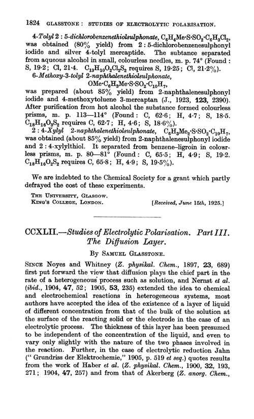 CCXLIII.—Studies of electrolytic polarisation. Part III. The diffusion layer