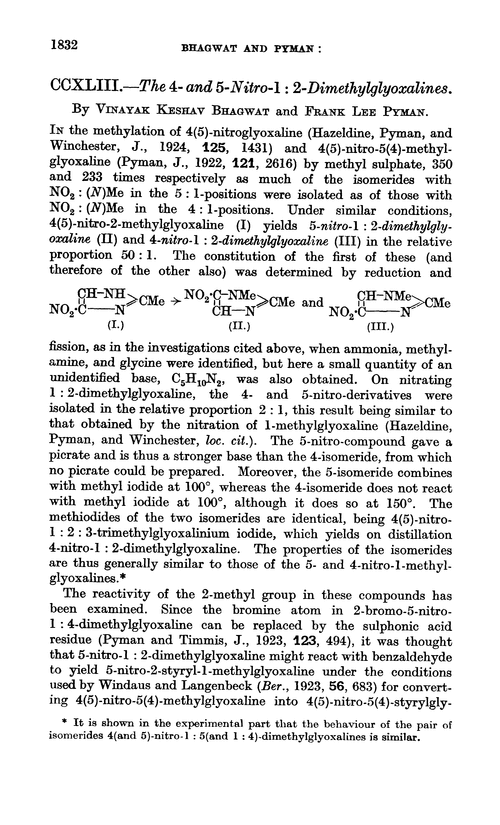 CCXLIII.—The 4- and 5-nitro-1 : 2-dimethylglyoxalines