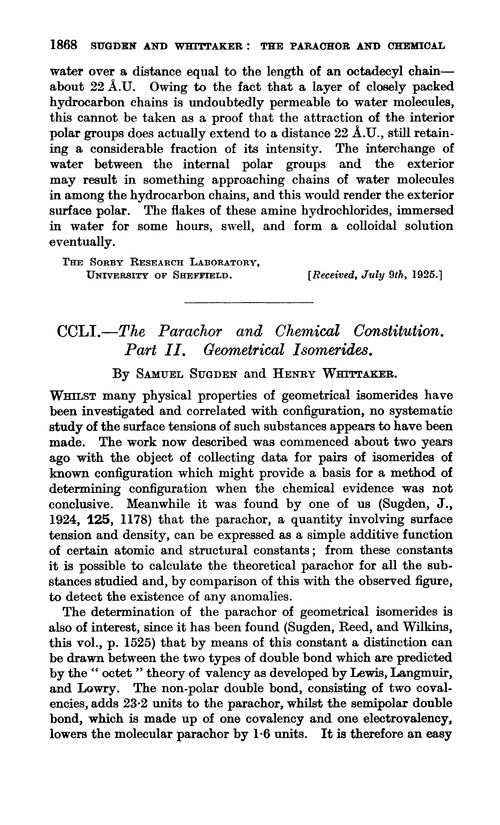 CCLI.—The parachor and chemical constitution. Part II. Geometrical isomerides