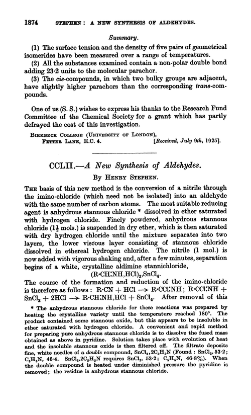 CCLII.—A new synthesis of aldehydes