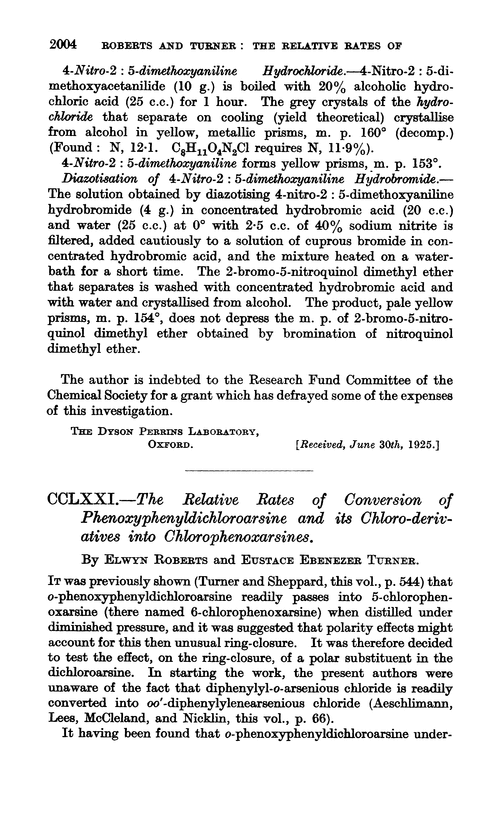 CCLXXI.—The relative rates of conversion of phenoxyphenyldichloroarsine and its chloro-derivatives into chlorophenoxarsines