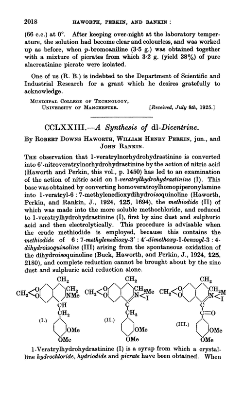 CCLXXIII.—A synthesis of dl-dicentrine