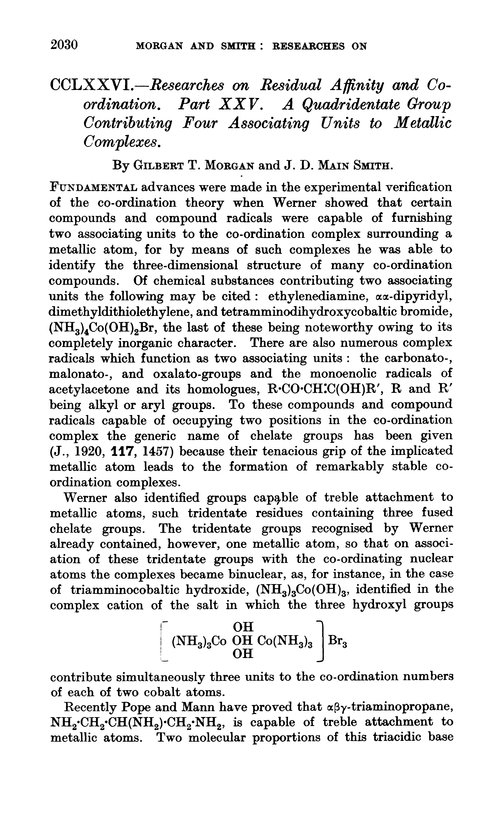 CCLXXVI.—Researches on residual affinity and co-ordination. Part XXV. A quadridentate group contributing four associating units to metallic complexes