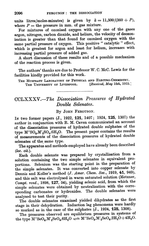 CCLXXXV.—The dissociation pressures of hydrated double selenates