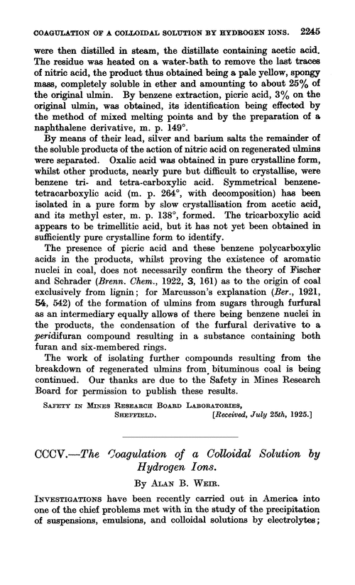 CCCV.—The coagulation of a colloidal solution by hydrogen ions