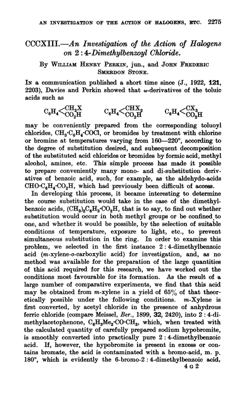 CCCXIII.—An investigation of the action of halogens on 2 : 4-dimethylbenzoyl chloride
