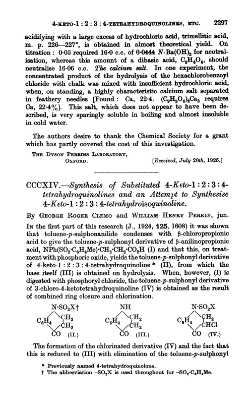 CCCXIV.—Synthesis of substituted 4-keto-1 : 2 : 3 : 4-tetrahydroquinolines and an attempt to synthesise 4-keto-1 : 2 : 3 : 4-tetrahydroisoquinoline