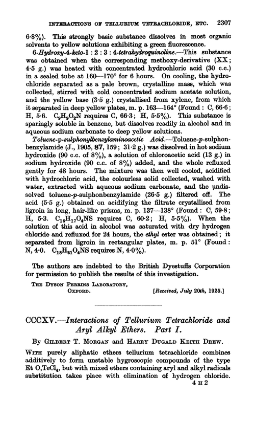 CCCXV.—Interactions of tellurium tetrachloride and aryl alkyl ethers. Part I