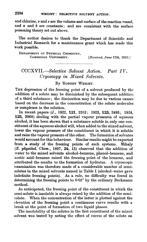 CCCXVII.—Selective solvent action. Part IV. Cryoscopy in mixed solvents