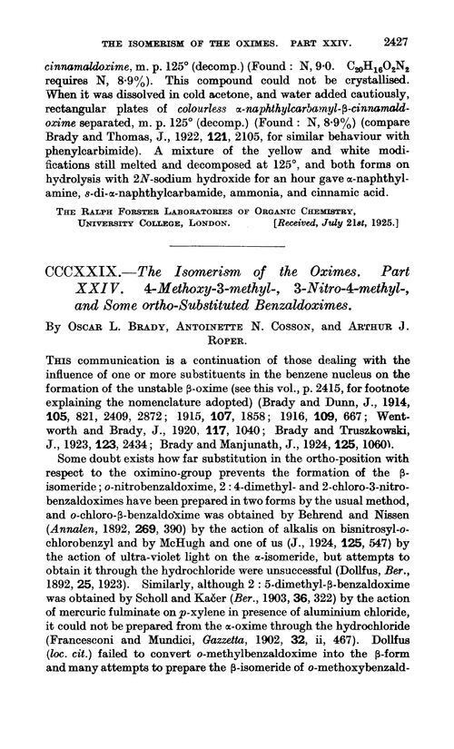 CCCXXIX.—The isomerism of the oximes. Part XXIV. 4-Methoxy-3-methyl-, 3-nitro-4-methyl-, and some ortho-substituted benzaldoximes