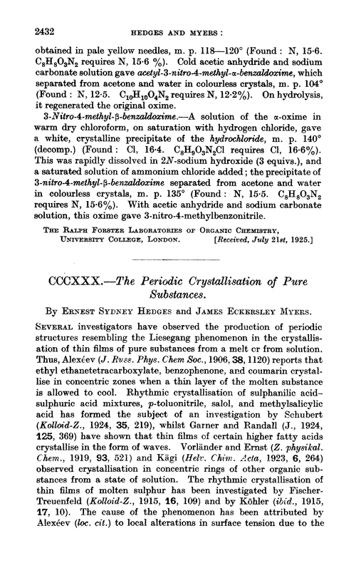 CCCXXX.—The periodic crystallisation of pure substances