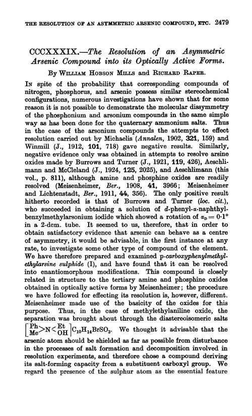 CCCXXXIX.—The resolution of an asymmetric arsenic compound into its optically active forms
