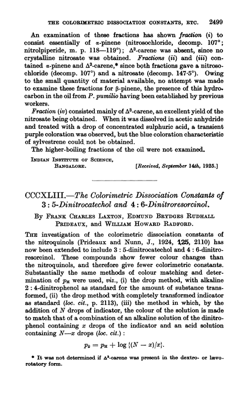 CCCXLIII.—The colorimetric dissociation constants of 3 : 5-dinitrocatechol and 4 : 6-dinitroresorcinol