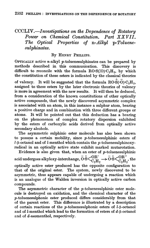 CCCLIV.—Investigations on the dependence of rotatory power on chemical constitution. Part XXVII. The optical properties of n-alkyl p-toluenesulphinates