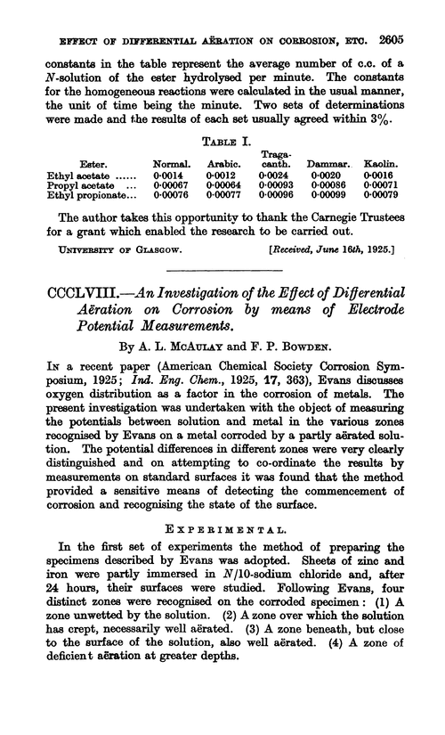 CCCLVIII.—An investigation of the effect of differential aëration on corrosion by means of electrode potential measurements