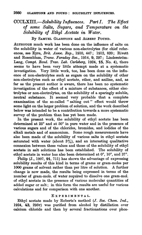 CCCLXIII.—Solubility influences. Part I. The effect of some salts, sugars, and temperature on the solubility of ethyl acetate in water