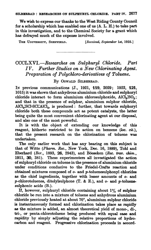 CCCLXVI.—Researches on sulphuryl chloride. Part IV. Further studies on a new chlorinating agent. Preparation of polychloro-derivatives of toluene