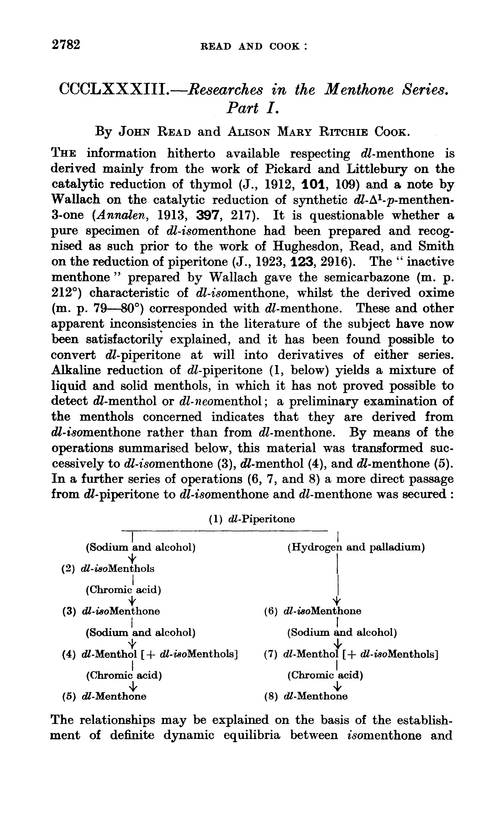 CCCLXXXIII.—Researches in the menthone series. Part I