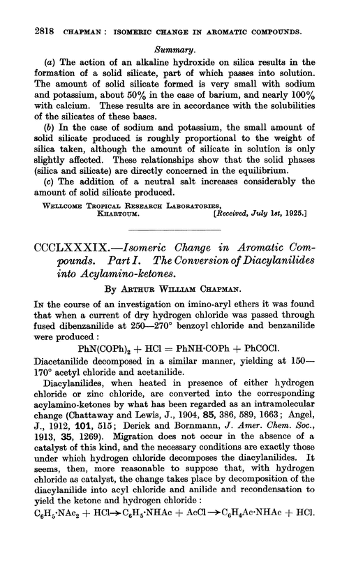 CCCLXXXIX.—Isomeric change in aromatic compounds. Part I. The conversion of diacylanilides into acylamino-ketones