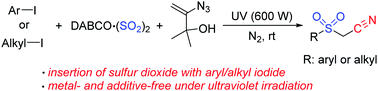 Graphical abstract: Photoinduced synthesis of 2-sulfonylacetonitriles with the insertion of sulfur dioxide under ultraviolet irradiation