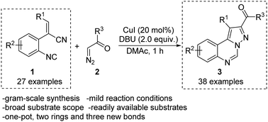 Graphical abstract: Synthesis of pyrazolo[1,5-c]quinazoline derivatives through the copper-catalyzed domino reaction of o-alkenyl aromatic isocyanides with diazo compounds