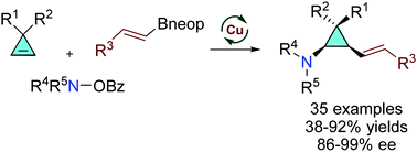 Graphical abstract: Assembly of polysubstituted chiral cyclopropylamines via highly enantioselective Cu-catalyzed three-component cyclopropene alkenylamination