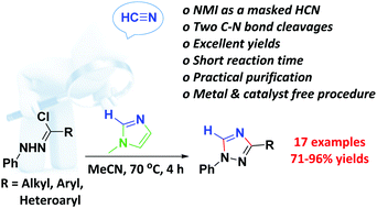 Graphical abstract: A formal [3+2] cycloaddition reaction of N-methylimidazole as a masked hydrogen cyanide: access to 1,3-disubstitued-1H-1,2,4-triazoles