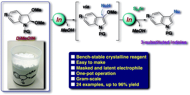 Graphical abstract: 2,3-Dimethoxyindolines: a latent electrophile for SNAr reactions triggered by indium catalysts