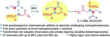 Graphical abstract: Access to enantioenriched 4-phosphorylated δ-lactones from β-phosphorylenones and enals via carbene organocatalysis